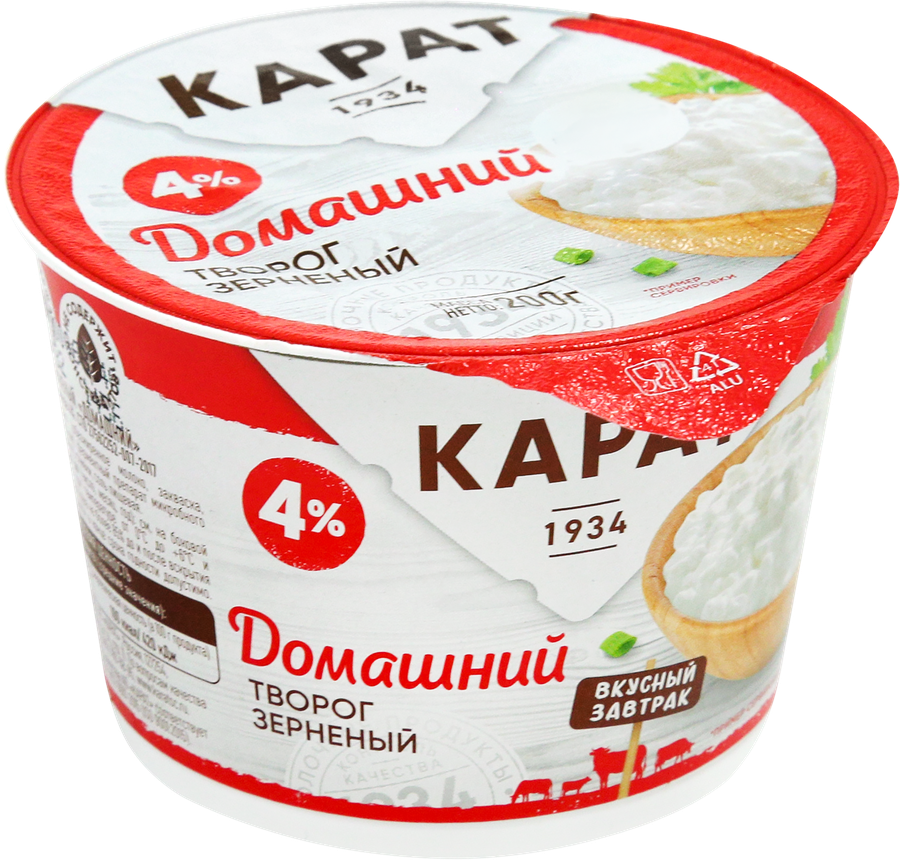 Творог зерненый КАРАТ Домашний 4%, без змж, 200г