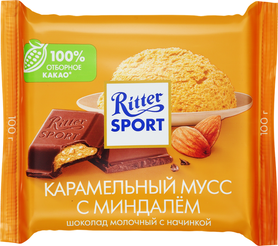 Шоколад молочный RITTER SPORT Карамельный мусс с миндалем, 100г
