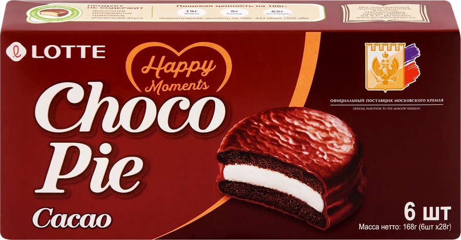 Пирожное LOTTE Choco Pie cacao бисквитное в шоколадной глазури, 6х28г