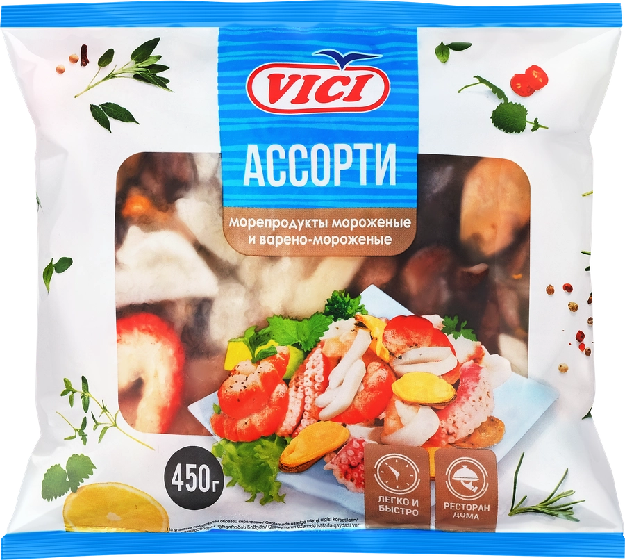 Ассорти из морепродуктов варено-мороженное VICI с изделиями формованными (имитация из сурими), 450г