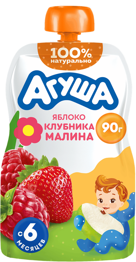 Пюре фруктово-ягодное детское АГУША Яблоко, клубника, малина, с 6 месяцев, 90г
