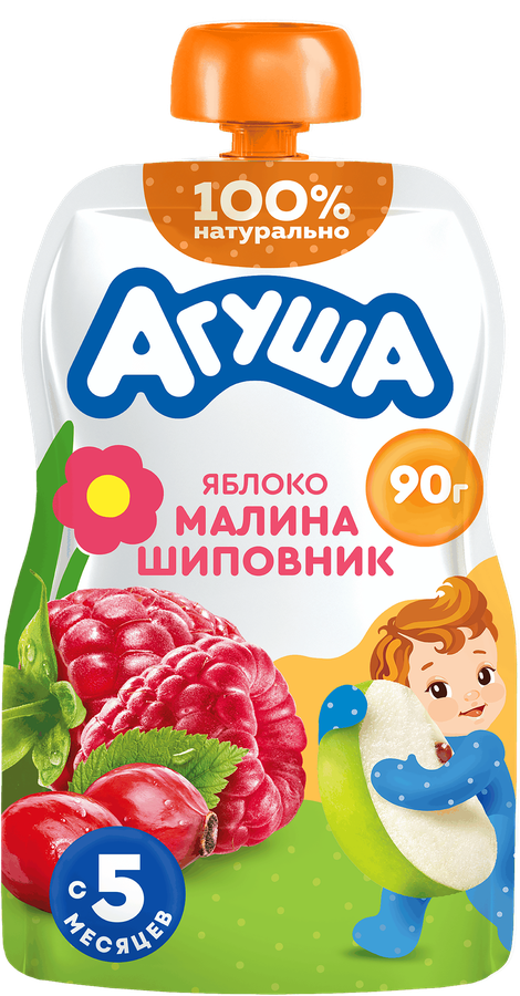 Пюре фруктовое детское АГУША Яблоко, малина, шиповник, с 5 месяцев, 90г