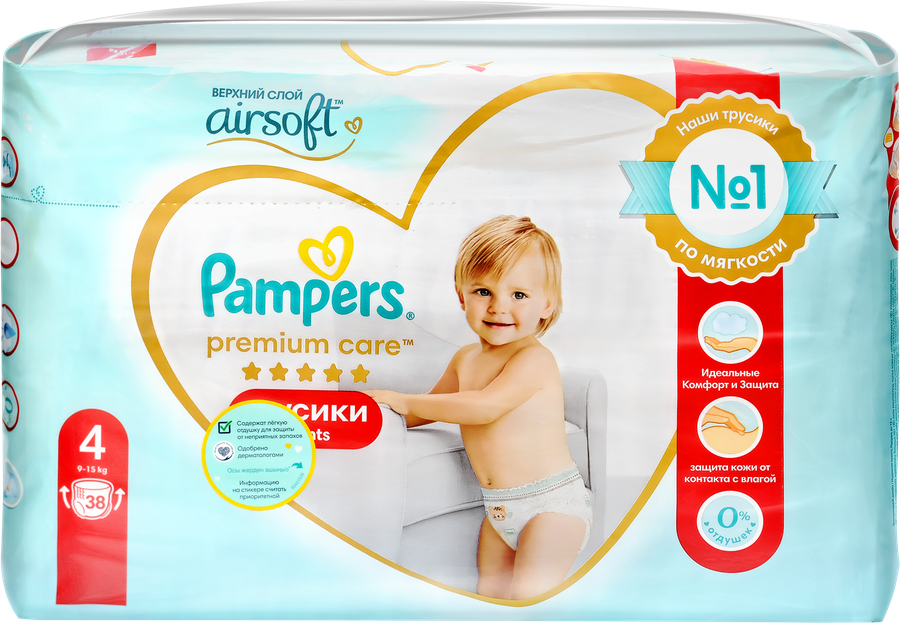 Подгузники-трусики детские PAMPERS Premium Care Pants Maxi 4, 9–15кг, 38шт