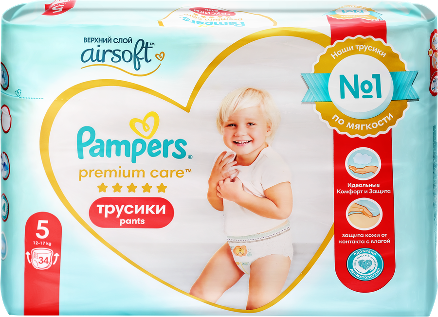 Подгузники-трусики детские PAMPERS Premium Care Pants Junior 5, 12–17кг, 34шт