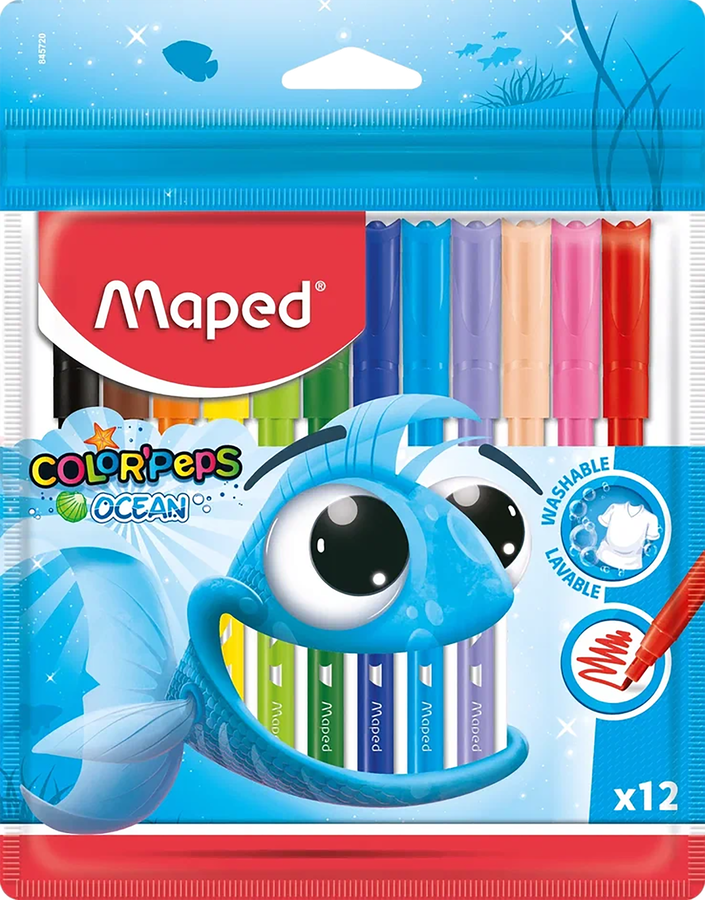Фломастеры MAPED Color Pep's Ocean, 12 цветов, смываемые, ПВХ, Арт. 845720