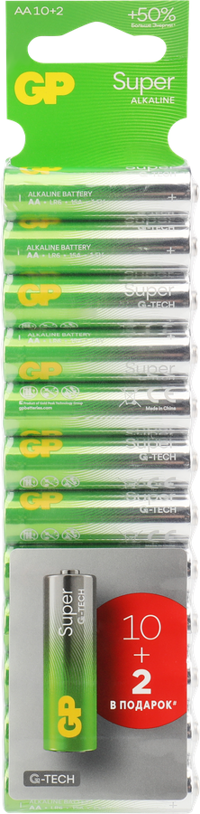 Батарейки алкалиновые GP Super Alkaline АA, 10+2шт бесплатно
