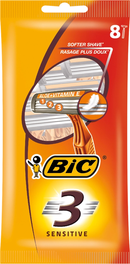 Бритва одноразовая мужская BIC 3 Sensitive 3 лезвия с увлажняющей полоской, 8шт