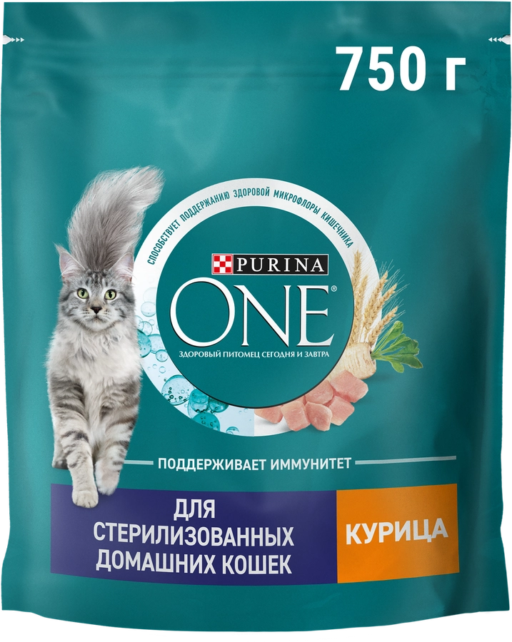 Корм сухой для взрослых кошек PURINA ONE Sterilised с курицей и цельными злаками, 750г