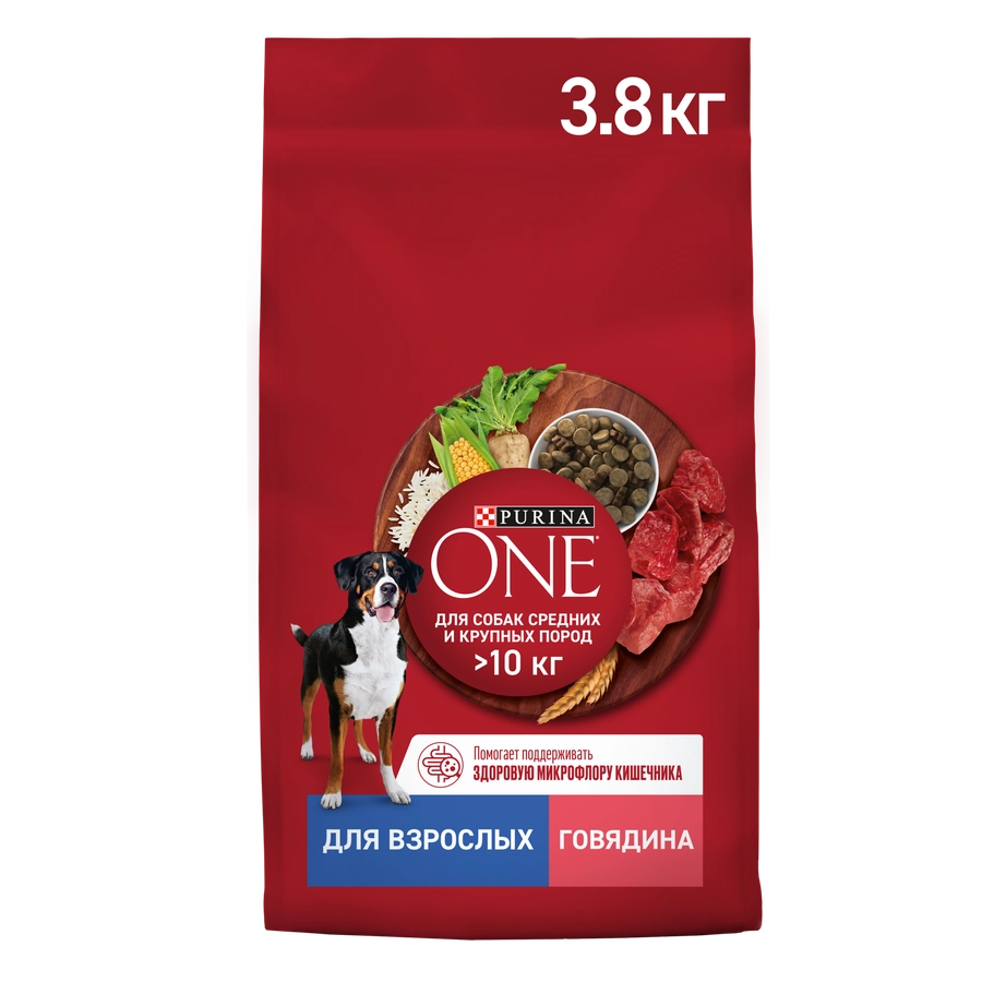 Корм сухой для взрослых собак PURINA ONE Adult Говядина и рис, для средних и крупных пород, 3,8кг