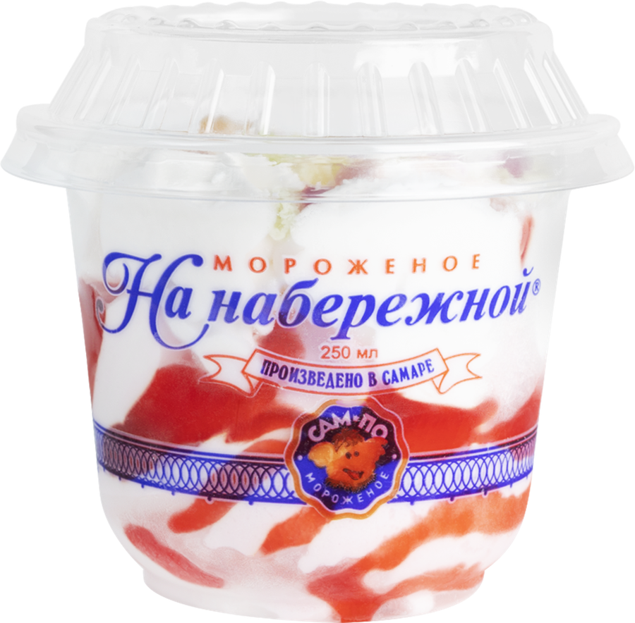 Мороженое САМ-ПО На набережной Клубника, с клубничным наполнителем, кокосовой стружкой и мармеладом, без змж, пластиковый стаканчик, 120г, предпросмотр