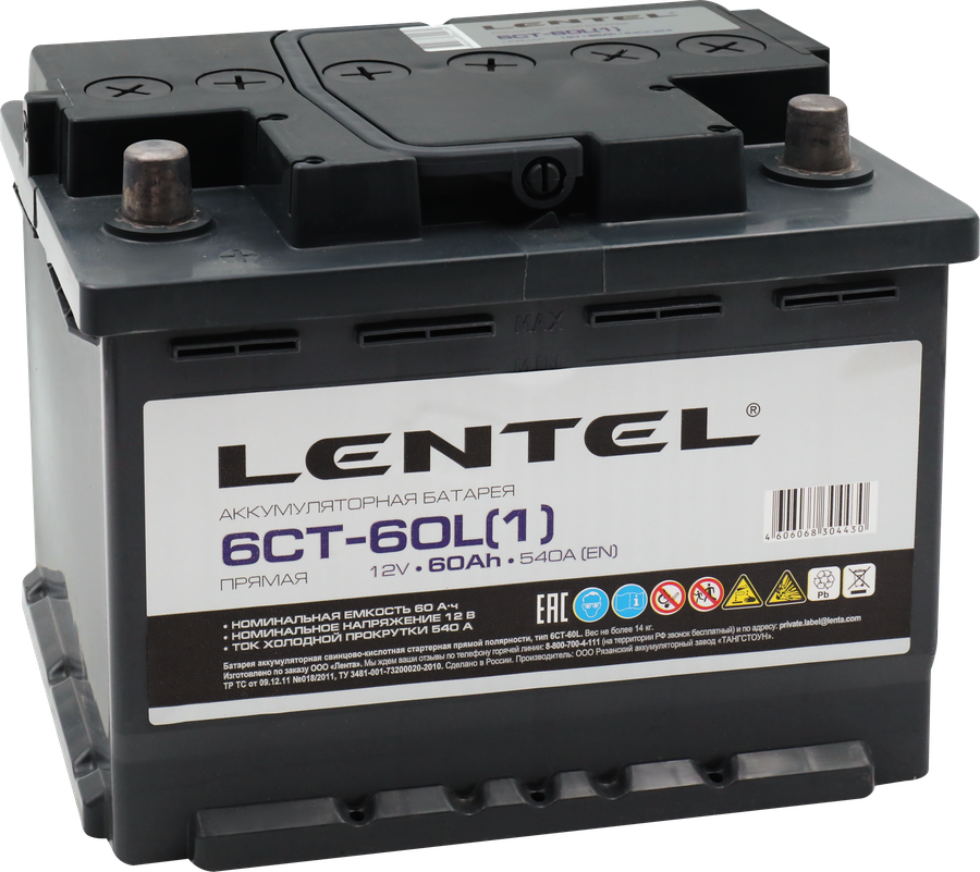Аккумуляторная батарея LENTEL 6СТ-60L+ прямая, предпросмотр