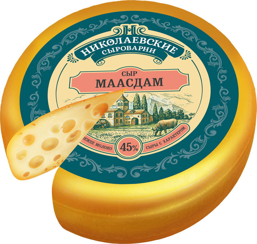 Сыр НИКОЛАЕВСКИЕ СЫРОВАРНИ Маасдам 45%, без змж, весовой