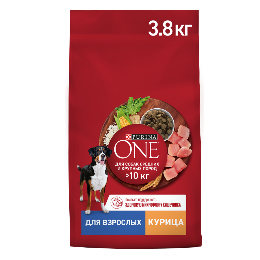 Корм сухой для взрослых собак PURINA ONE Adult с курицы и с рисом, для средних и крупных пород, 3,8кг