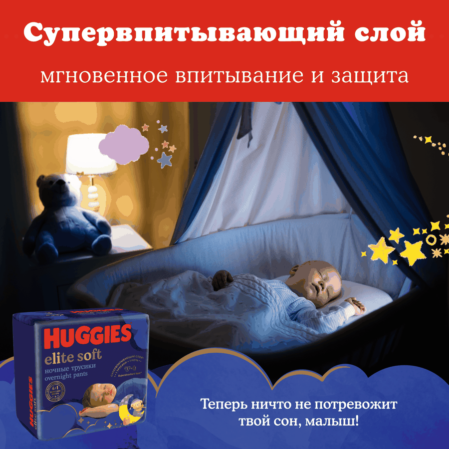 Подгузники-трусики HUGGIES Elite Soft 6 ночные 15–25кг, 16шт, предпросмотр