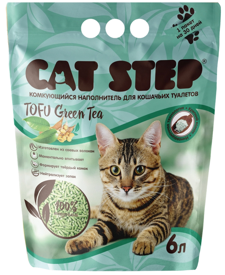 Наполнитель растительный для кошачьего туалета CAT STEP Tofu Green Tea комкующийся, 6л