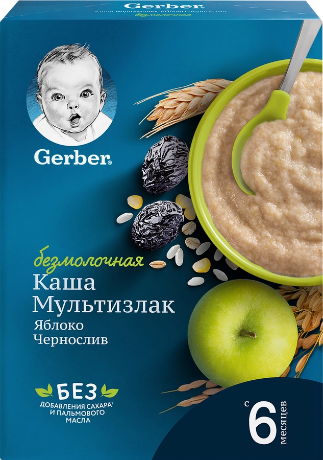 Каша мультизлаковая GERBER безмолочная, с яблоком и черносливом, с 6 месяцев, 180г