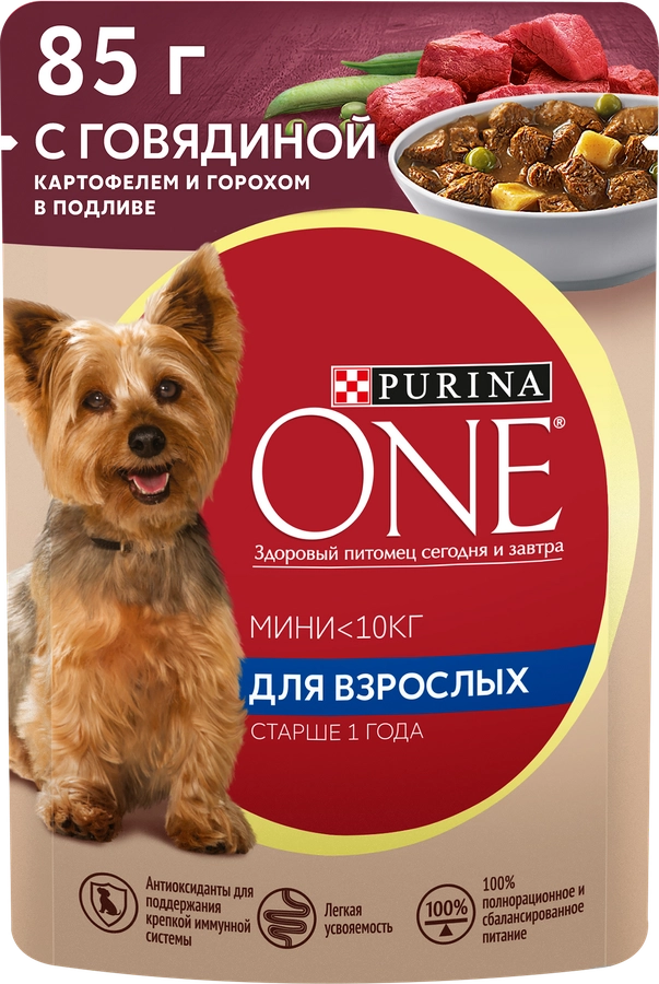 Корм влажный для взрослых собак PURINA ONE Mini Говядина, картофель и горох в подливе, 85г