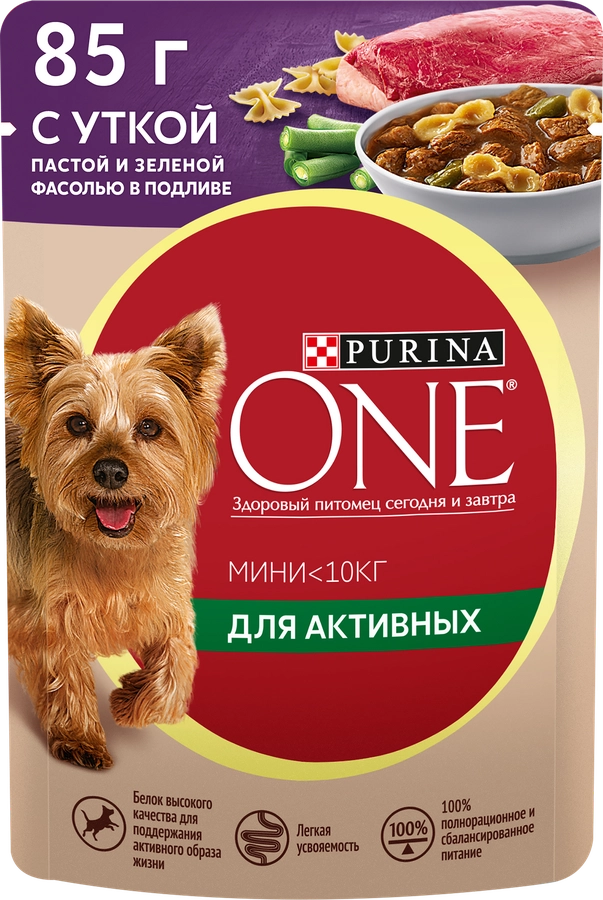 Корм влажный для взрослых собак PURINA ONE Mini Активная Утка, паста и зеленая фасоль в подливе, 85г