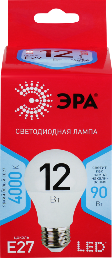 Лампа светодиодная ЭРА Эко 12Вт E27, холодный свет, груша