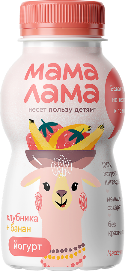 Йогурт питьевой МАМА ЛАМА Клубника, банан 2,5%, без змж, 200г