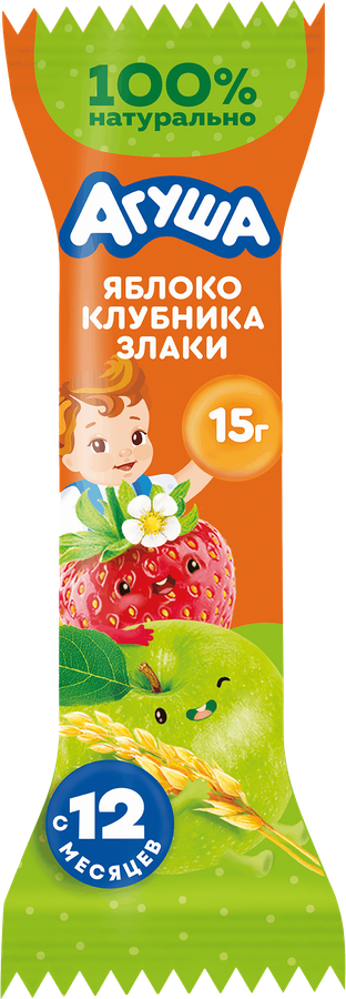 Батончик фруктово-злаковый детский АГУША Яблоко, клубника и злаки, с 12 месяцев, 15г