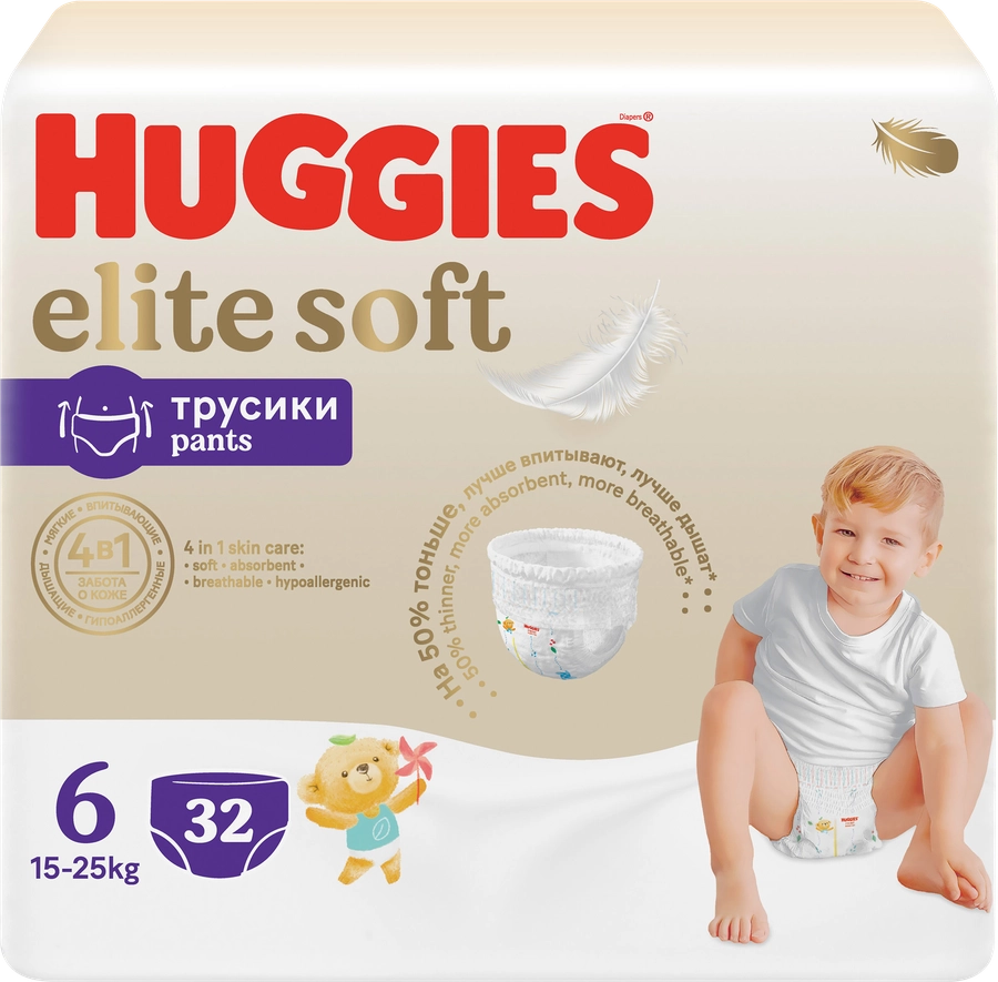 Подгузники-трусики детские HUGGIES Elite Soft 6, 15–25кг, 32шт