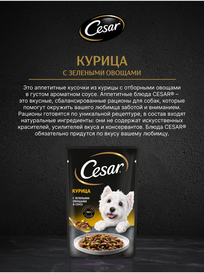 Корм влажный для взрослых собак CESAR с курицей и зелеными овощами в соусе, 85г, превью