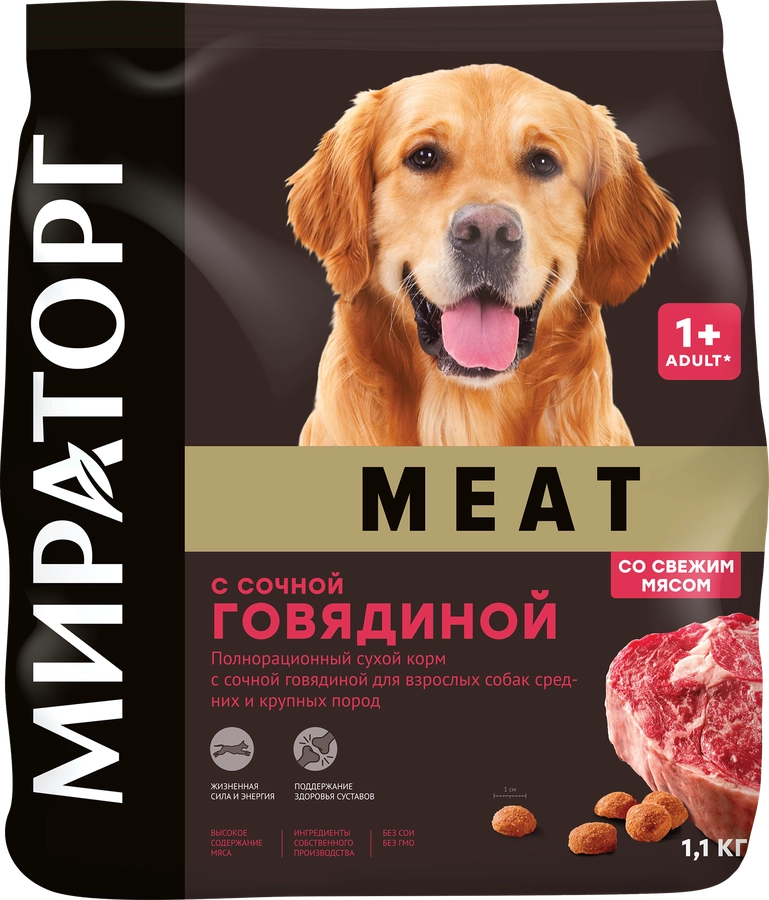 Корм сухой для взрослых собак WINNER Meat с сочной говядиной, для средних и крупных пород, 1,1кг