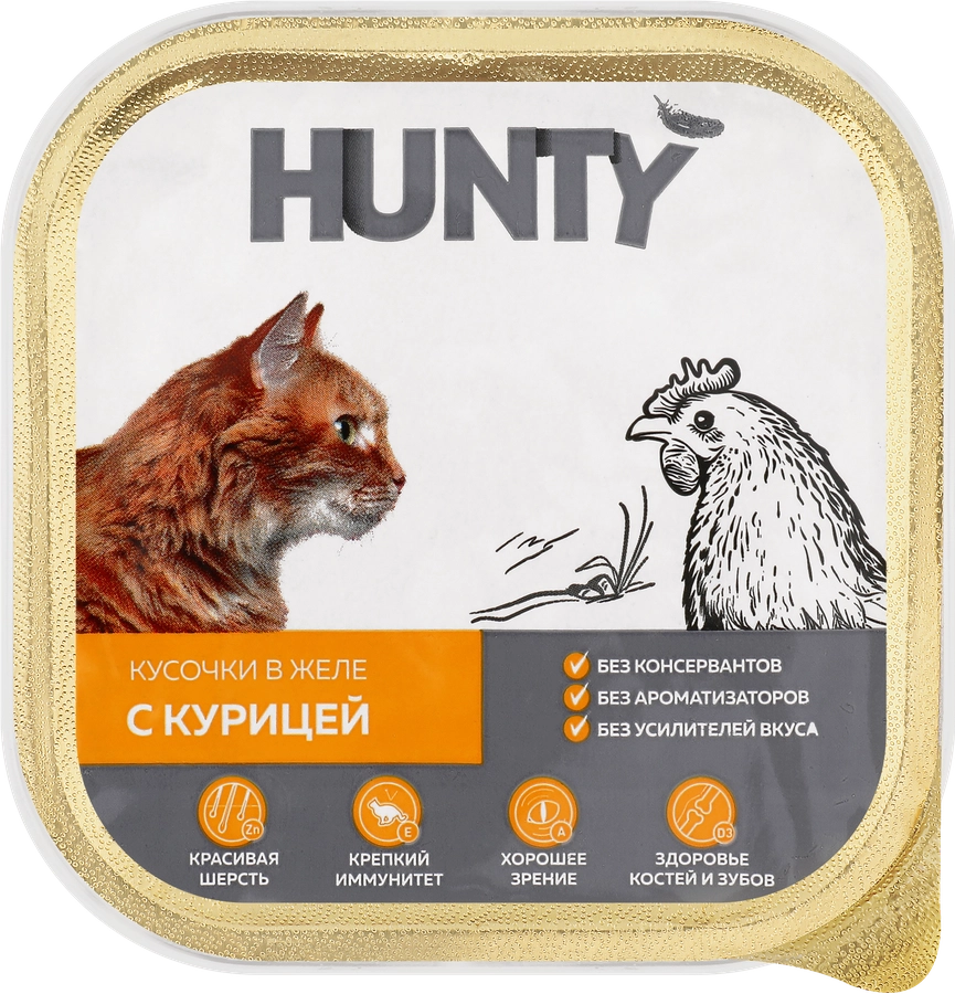 Корм консервированный для взрослых кошек HUNTY с курицей, кусочки в желе, 100г