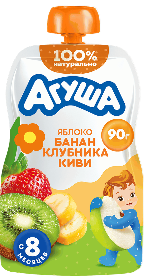 Пюре фруктово-ягодное детское АГУША Яблоко, банан, клубника и киви, с 8 месяцев, 90г