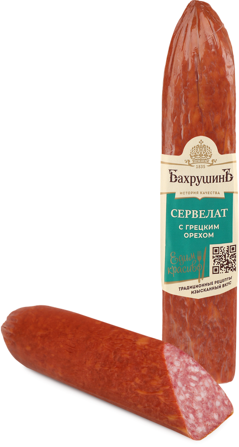 Колбаса копчено-вареная БАХРУШИНЪ Сервелат с грецким орехом, весовая
