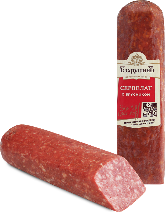 Колбаса копчено-вареная БАХРУШИНЪ Сервелат с брусникой, весовая