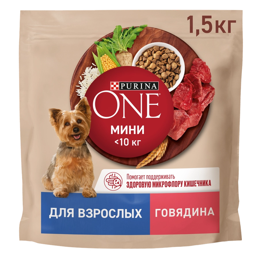 Корм сухой для взрослых собак PURINA ONE Adult Говядина и рис, для мелких и карликовых пород, 1,5кг