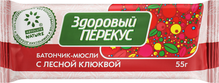 Батончик мюсли ЗДОРОВЫЙ ПЕРЕКУС с лесной клюквой, 55г