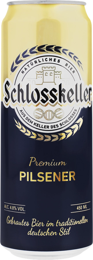 Пиво светлое SCHLOSSKELLER Pilsener фильтрованное пастеризованное, 4,8%, ж/б, 0.45л