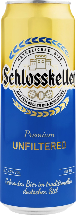 Пиво светлое SCHLOSSKELLER нефильтрованное пастеризованное осветленное, 4,7%, ж/б, 0.45л