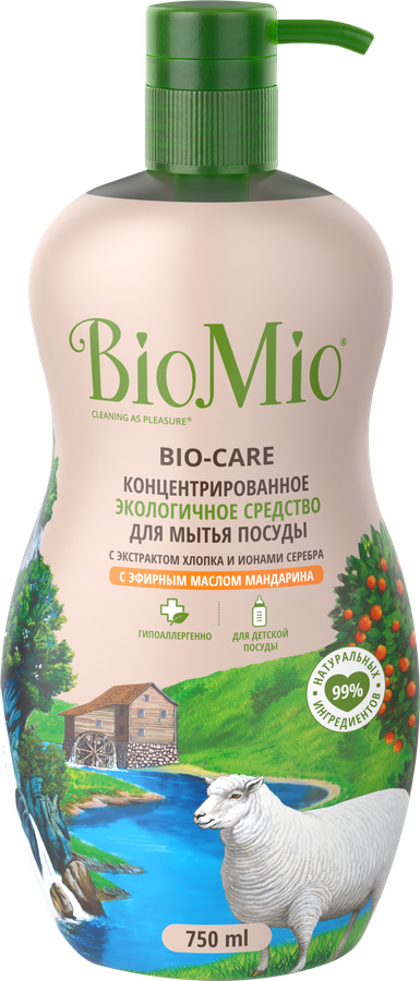 Средство для мытья посуды BIOMIO Bio-Care с маслом мандарина, экстракт хлопка, ионами серебра, 750мл