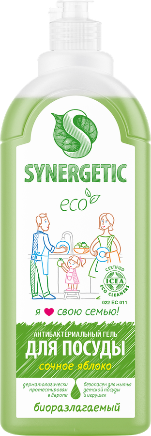 Средство для мытья посуды и детских игрушек SYNERGETIC биоразлагаемое с ароматом яблока, 1л