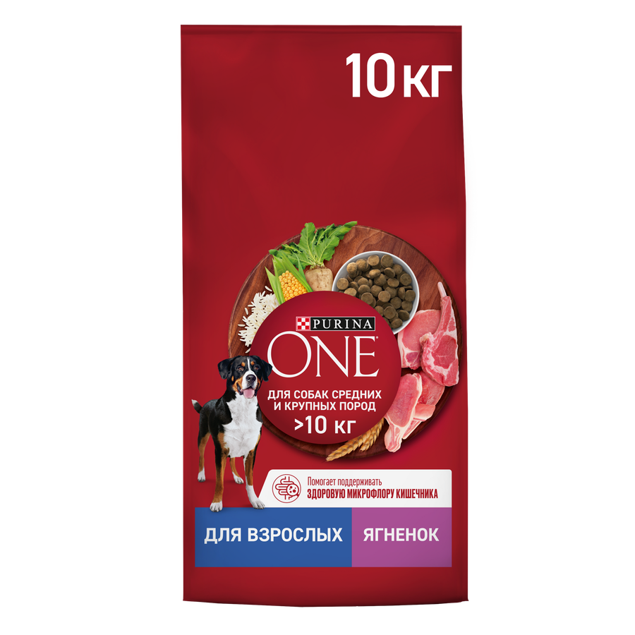 Корм сухой для взрослых собак PURINA ONE Adult с ягненком и рисом, для средних и крупных пород, 10кг