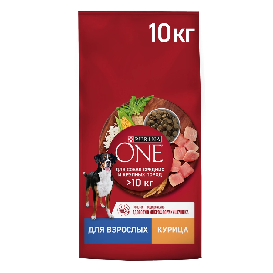 Корм сухой для взрослых собак PURINA ONE Adult с курицы и с рисом, для средних и крупных пород, 10кг