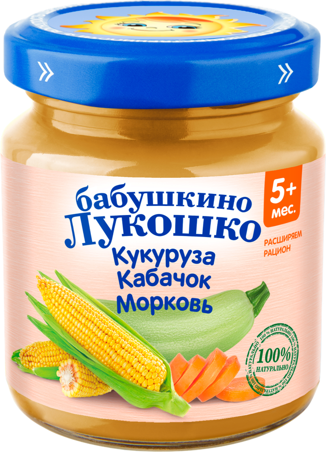 Пюре злаково-овощное БАБУШКИНО ЛУКОШКО Кукуруза, кабачок и морковь, с 5 месяцев, 100г, превью