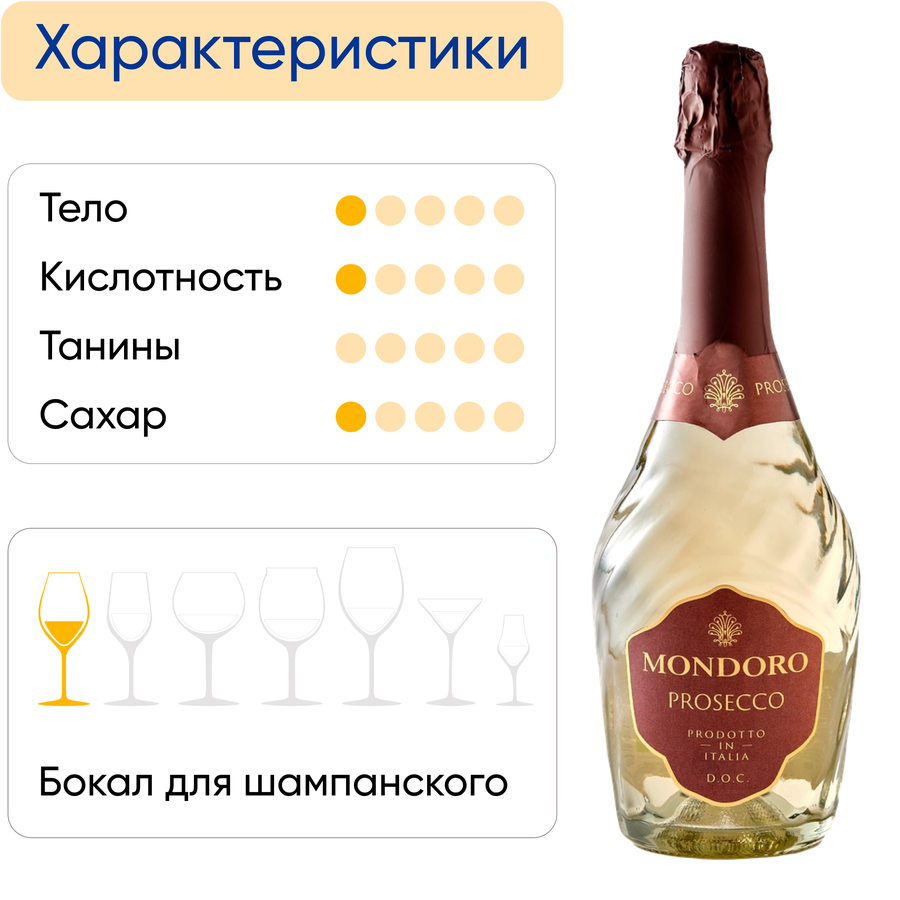 Вино игристое MONDORO Просекко Венето белое сухое, п/у, 0.75л, предпросмотр