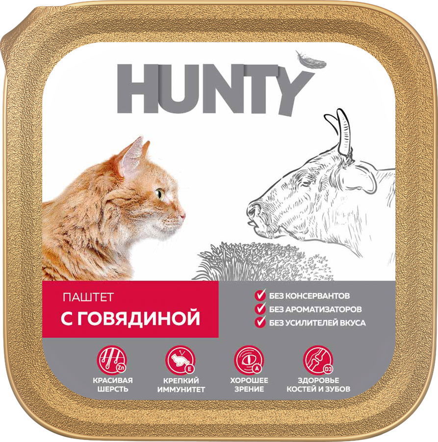Корм консервированный для взрослых кошек HUNTY паштет с говядиной, 100г