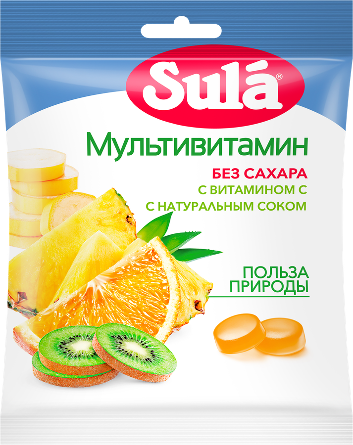 Карамель леденцовая SULA Мультивитамин, без сахара, 60г