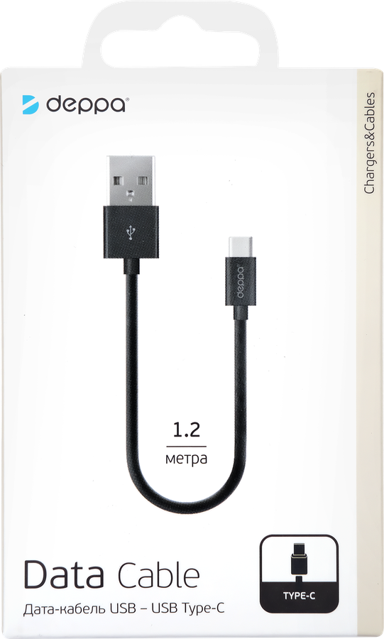 Дата-кабель DEPPA USB-A – USB-C, USB 2.0, 2.4A, 1,2м, черный
