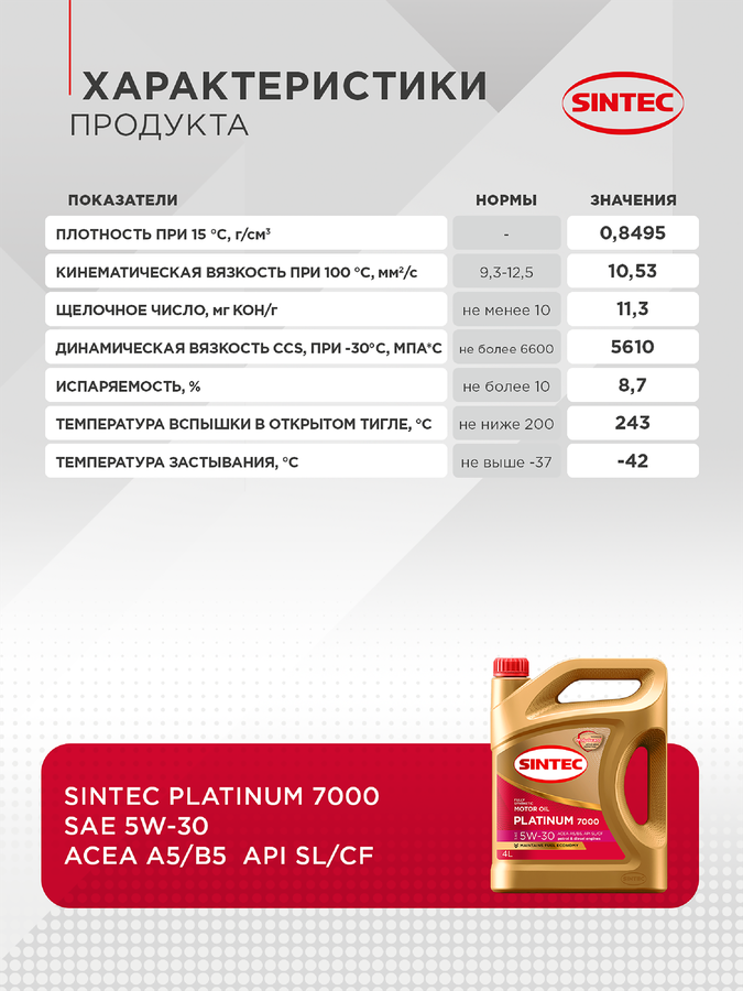 Масло моторное SINTEC Platinum 7000 5W-30 A5/B5 SL, синтетическое, 4л, предпросмотр