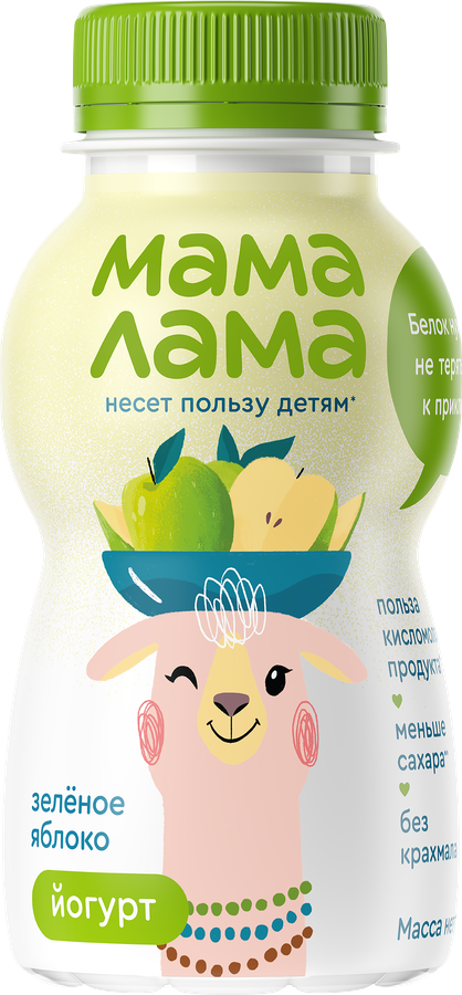 Йогурт питьевой МАМА ЛАМА с зеленым яблоком 2,5%, без змж, 200г