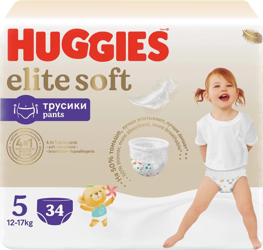 Подгузники-трусики детские HUGGIES Elite Soft 5 12–17кг, 34шт