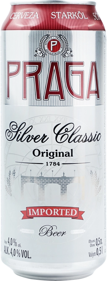 Пиво светлое PRAGA Silver Classik фильтрованное пастеризованное 4%, 0.5л