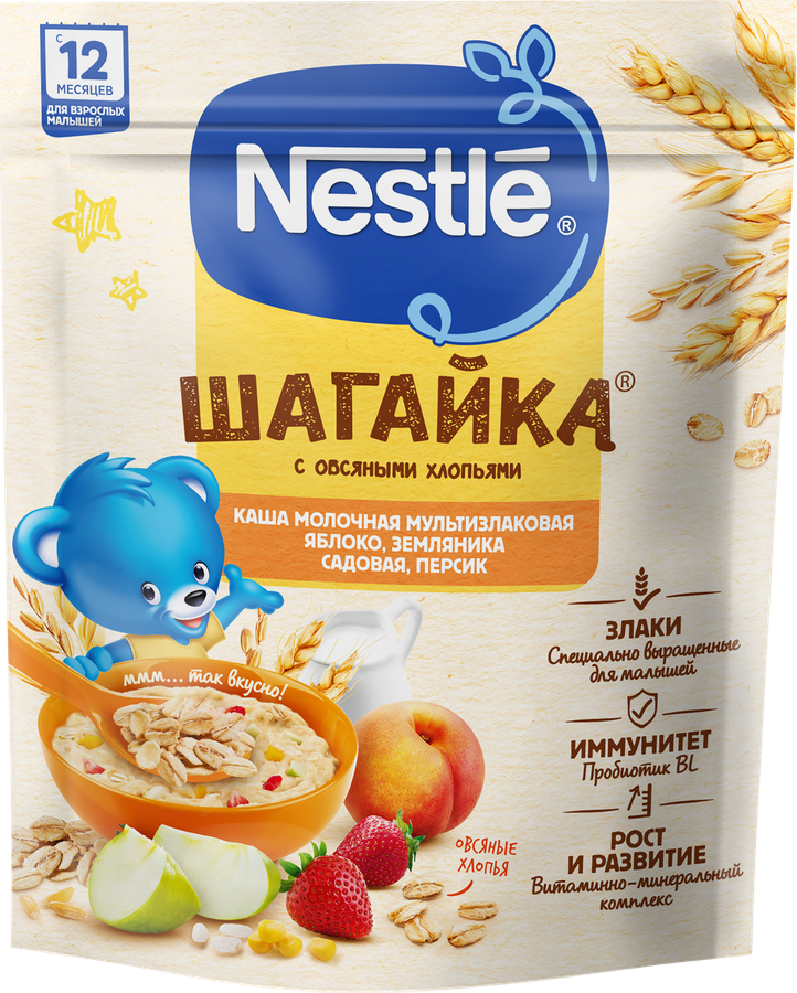 Каша мультизлаковая NESTLE Шагайка молочная, с яблоком, садовой земляникой и персиком, с 12 месяцев, 190г